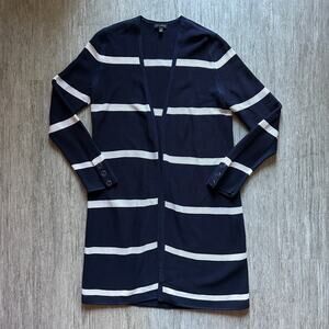 Talbots Navy Blue/White Striped Cotton Blend Long Cardigan Sweater Size Small